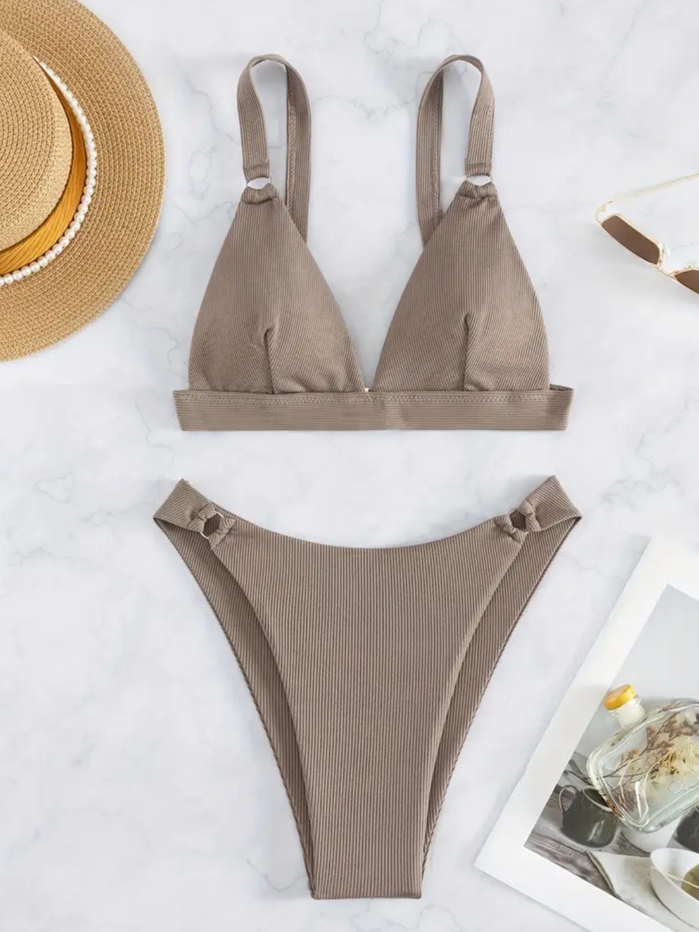 Taupe Ribbed Triangle Bikini Set - Women Swim
